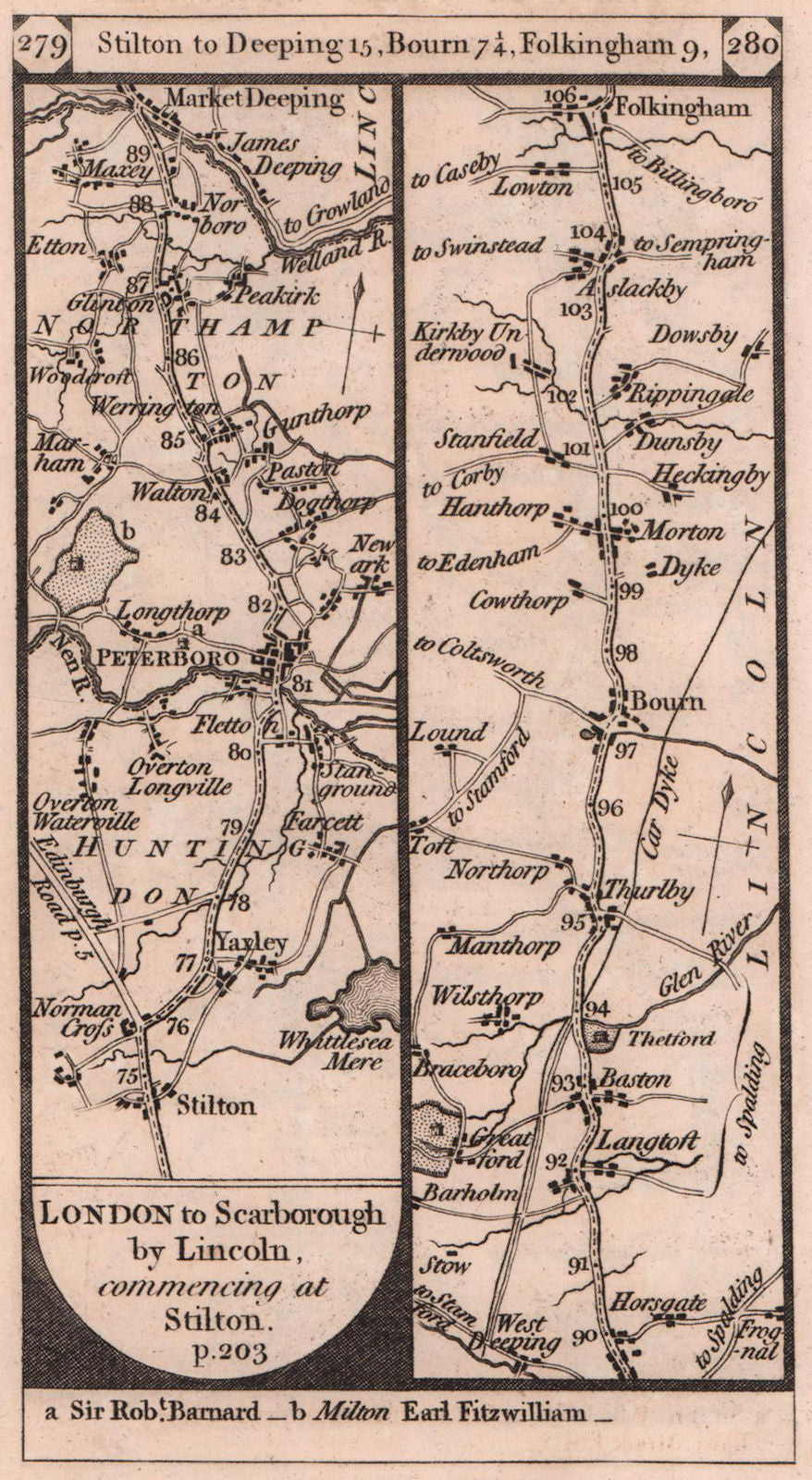 Yaxley-Peterborough-Thurlby-Morton-Folkingham road strip map PATERSON 1803